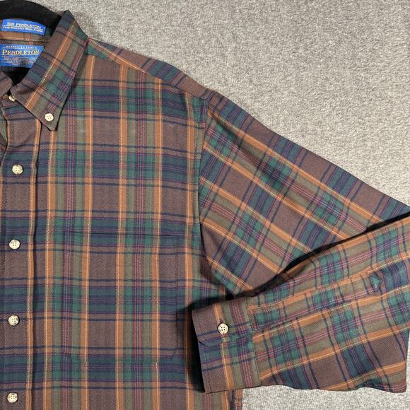 Sir Pendleton Shirt Mens Medium Brown Green Plaid Virgin Wool Button Down - Picture 8 of 16